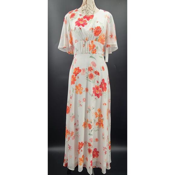 Calvin Klein floral Flutter sleeve Maxi dress white floral Sz 2 Feminine modest - Picture 3 of 12
